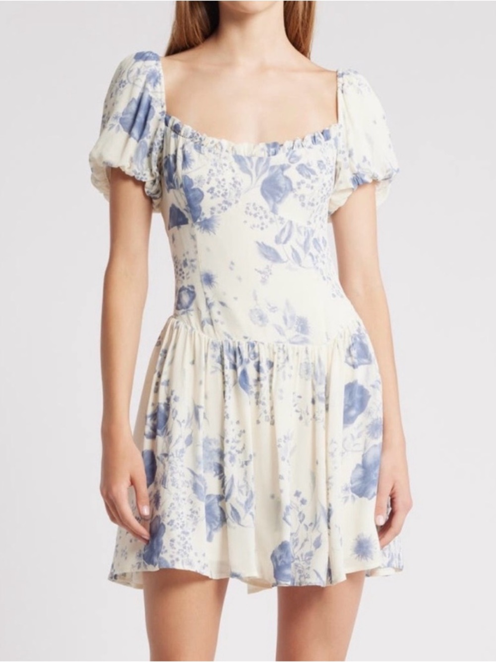 Reformation Cream Mini Dress with Blue Floral Print